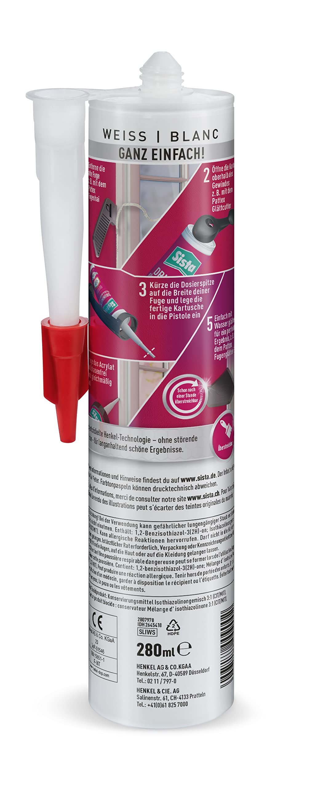 SISTA DRINNEN Füllen & Ausbessern, Fugen Dichtstoff für den Innenbereich, einfach verwendbarer Acryl Fugenfüller zum Ausbessern, überstreichbar nach 1 Stunde, 12x280ml Kartusche