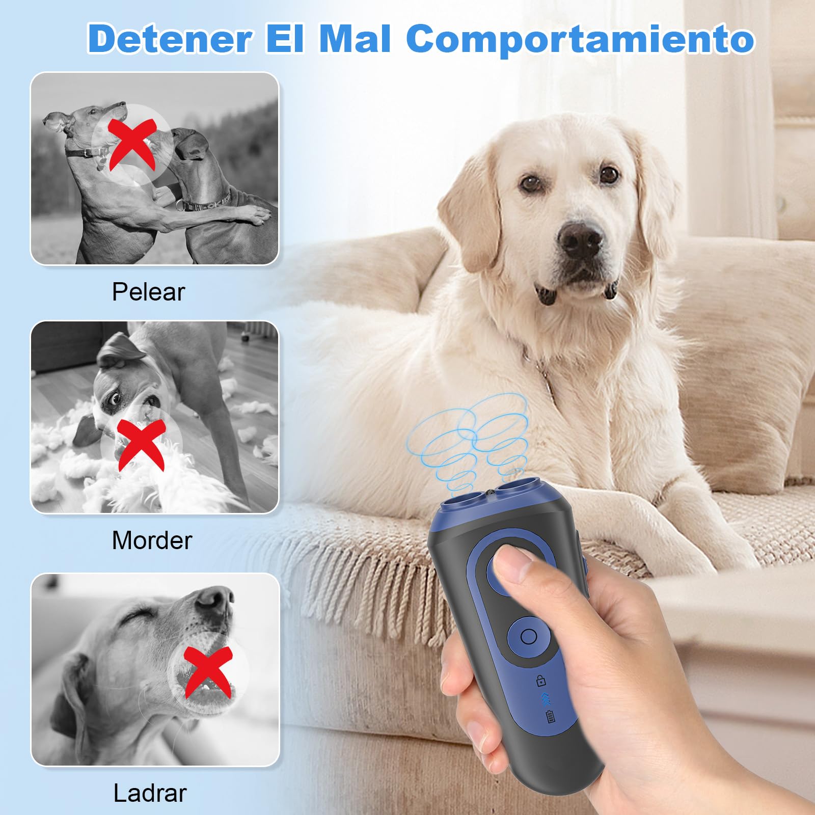 Ahuyentador de Perros, Antiladridos para Perros Ultrasónicos 3 Modos, Dispositivo Seguro y Humano para Detener Ladridos, Alcance 15M, Portátil con Linterna LED, para Perros Pequeños, Medianos y Grande
