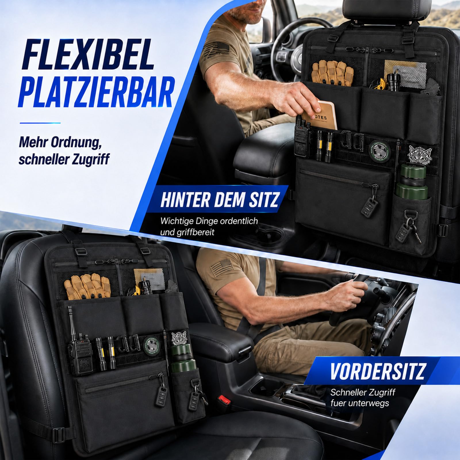 Rücksitz Organizer, Taktischer Autositz Organizer 7 Taschen Autositz Tasche mit 2 Netztaschen, 3 Taschen, 1 Reißverschlusstasche, 1 Becherhalter & MOLLE-System Sitztaschen für Autositz, 42x61cm