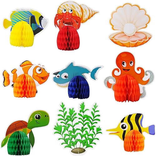 9 piezas de decoración de animales bajo el mar, centro de mesa de panal oceánico para decoraciones de fiestas temáticas, mesa, cumpleaños, playa,
