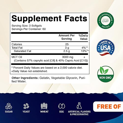Miniatura 2 de Vitamatic 2 paquetes de cápsulas de aceite MCT de 3000 mg por porción, 180 cápsulas blandas, de aceite de coco, contiene 55% de ácido caprílico C8 y