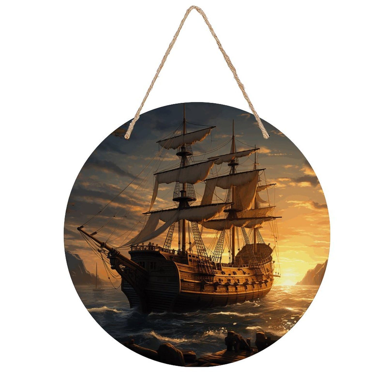 VstaDank Fantasy Pirate Ship Wooden Wall Art Decor Round Wood Plaque Wooden Door Hanger Sign with Hole And Hanger Rope Trend Wood Decorative Paintings for Home Outdoor Indoor 7.87 Inch