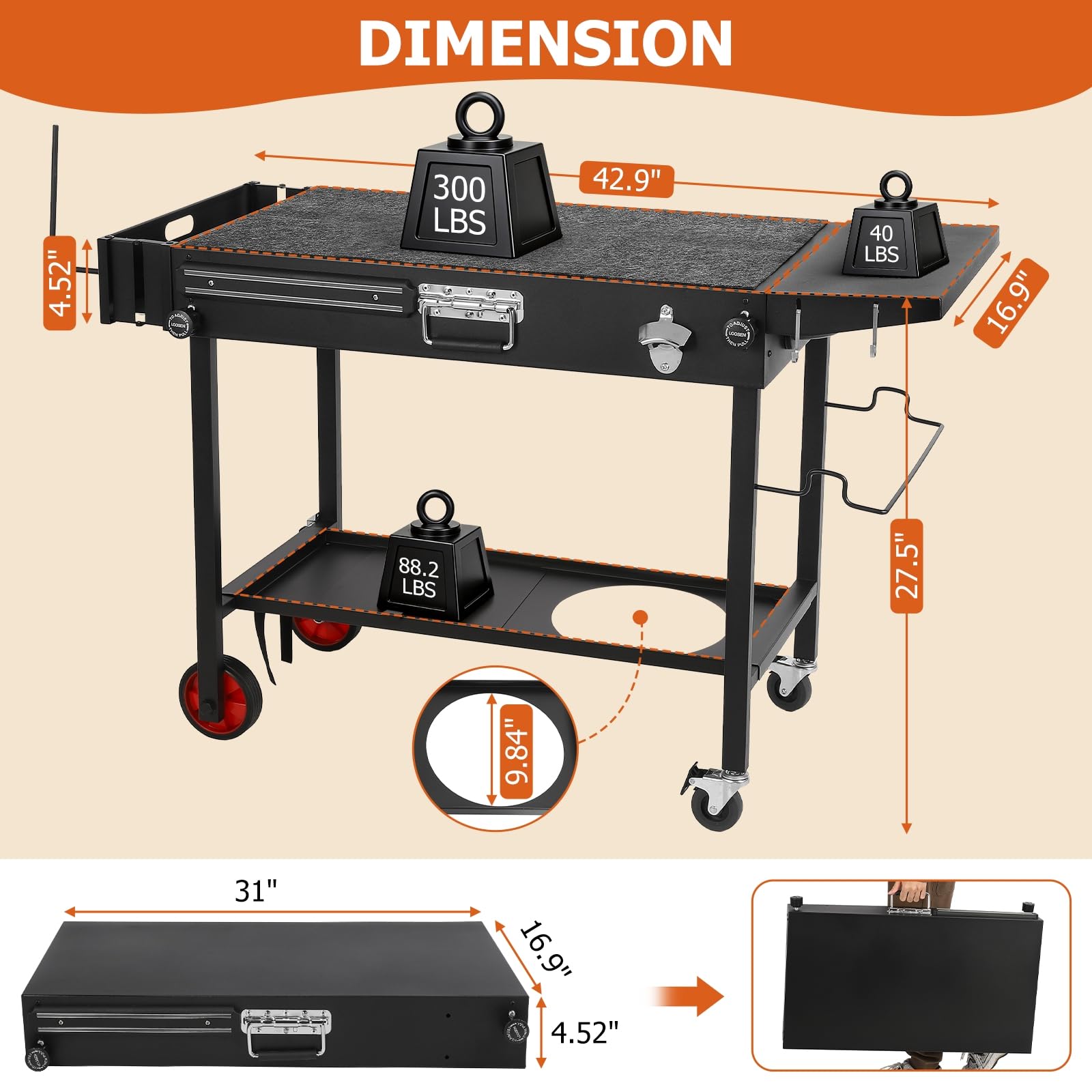 Tavolo da barbecue per piastra Blackstone, carrello pieghevole portatile