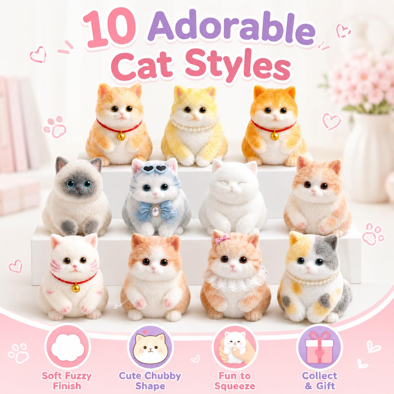 Fuzzy Cat Squishy Toy, Mollige Kitty Squeeze Figur, komplette Kollektion, 10 Stück