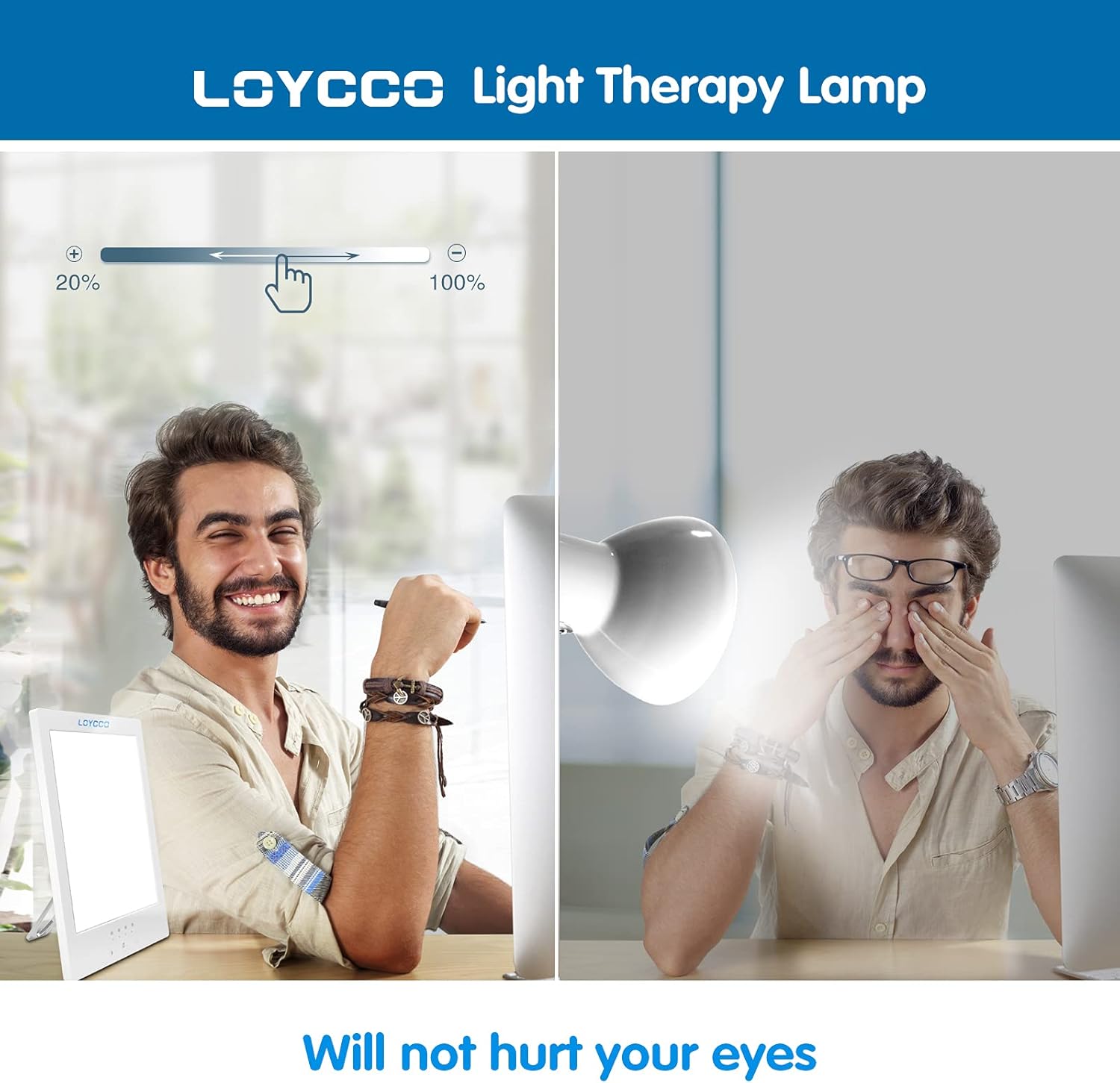 Man adjusting brightness of Loycco Light Therapy Lamp