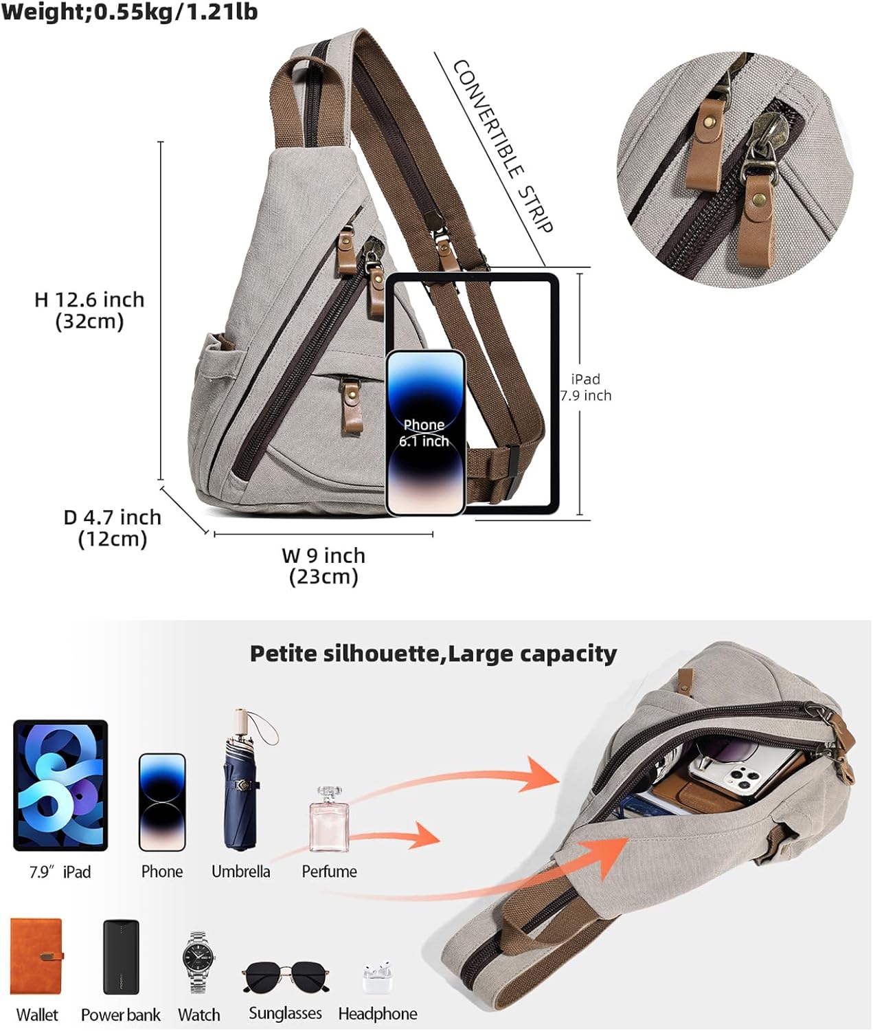 KL928 Canvas Sling Bag - Small Crossbody Backpack Shoulder Casual Daypack Rucksack for Men Women(Small Version, Leaden) - Image 2