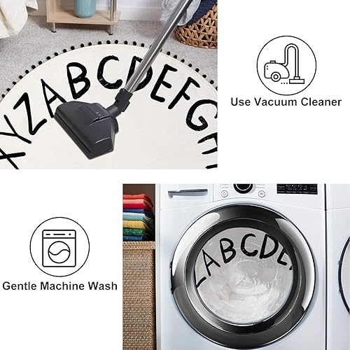 Miniatura 4 de STARUIA ABC - Alfombra redonda antideslizante para niños, 59 x 59 pulgadas, para aula, alfombra grande lavable con pompones y flecos, alfombra