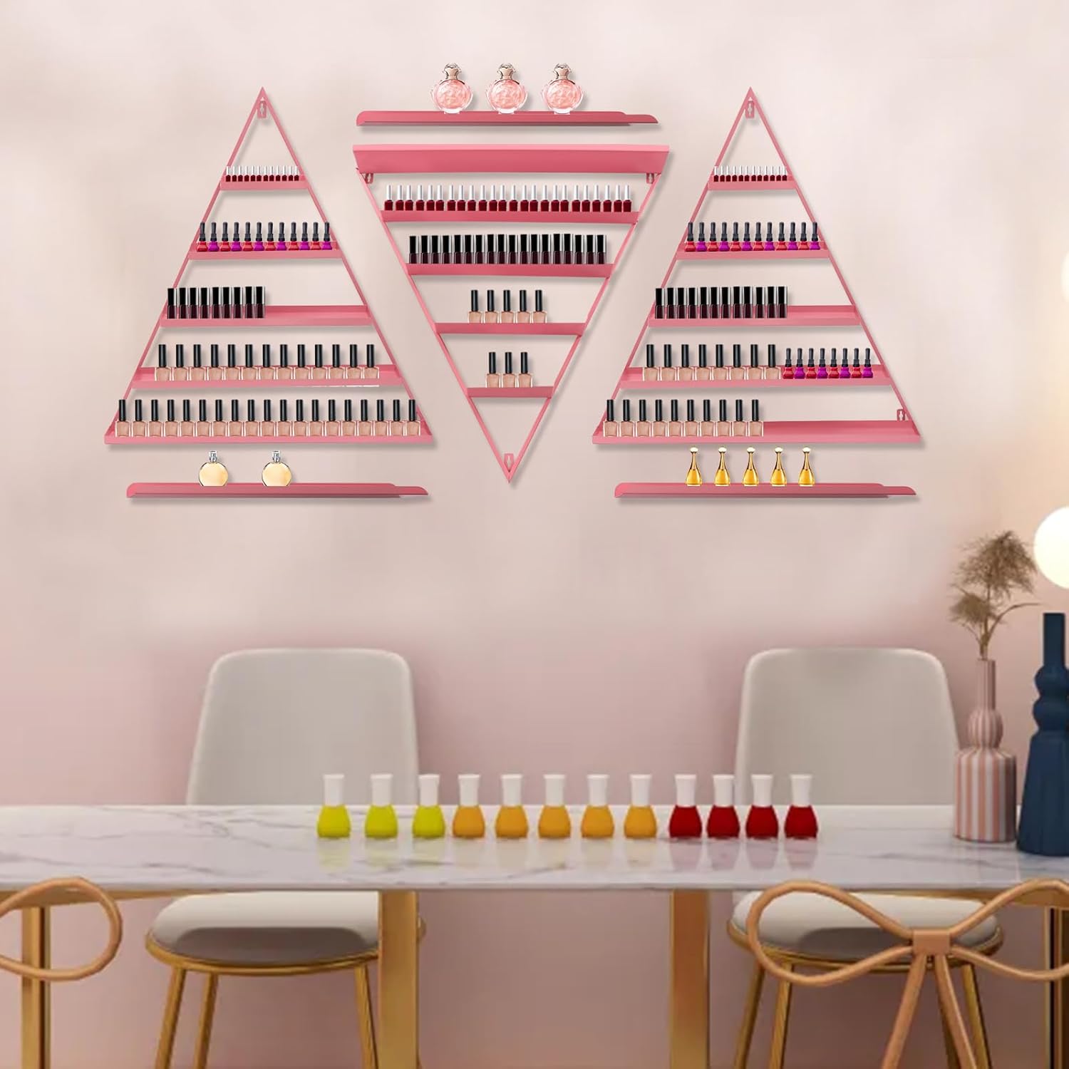 Nail Polish Display Rack, Wall Mounted Triangular Iron Shelf, 6 Piece Cosmetic Storage Rack, 5 Tier Beauty Organizer, Max Load Capacity:110lbs, Pink Salon Home Display Shelf