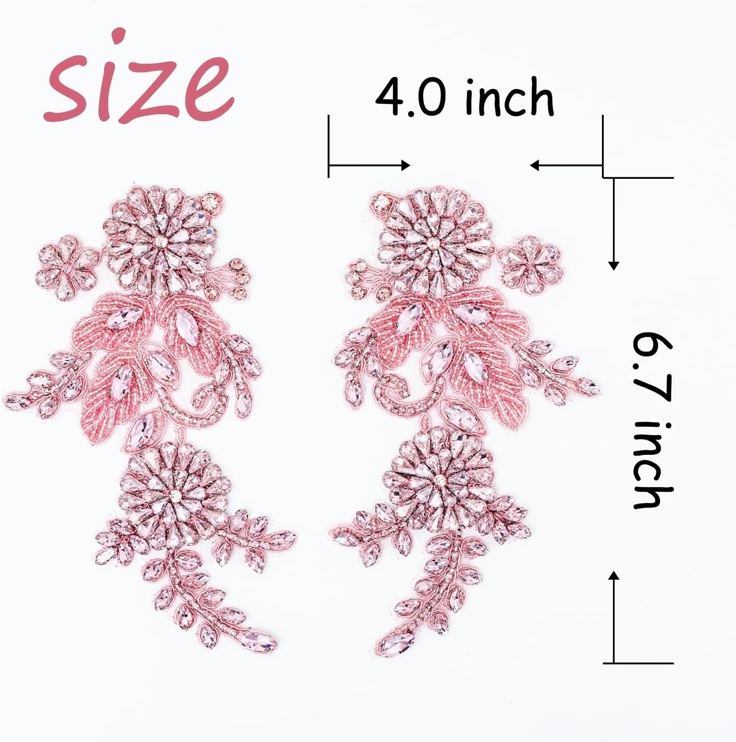Pair Handmade Shining Crystals Rhinestones DIY Clothing Applique Patches, Sewing Beads Sequins Stone Trim Accessories for Wedding Dress Decoration(Pink-Small)