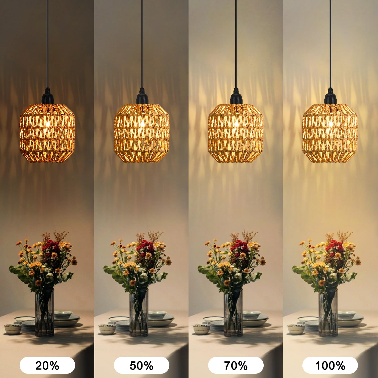 3 sztuki lamp wiszących z baterią, boho, lampa wisząca, akumulatorowa, możliwość ściemniania, rattanowa, bez przyłącza do prądu, lampa wisząca, zasilana bateriami, z pilotem zdalnego