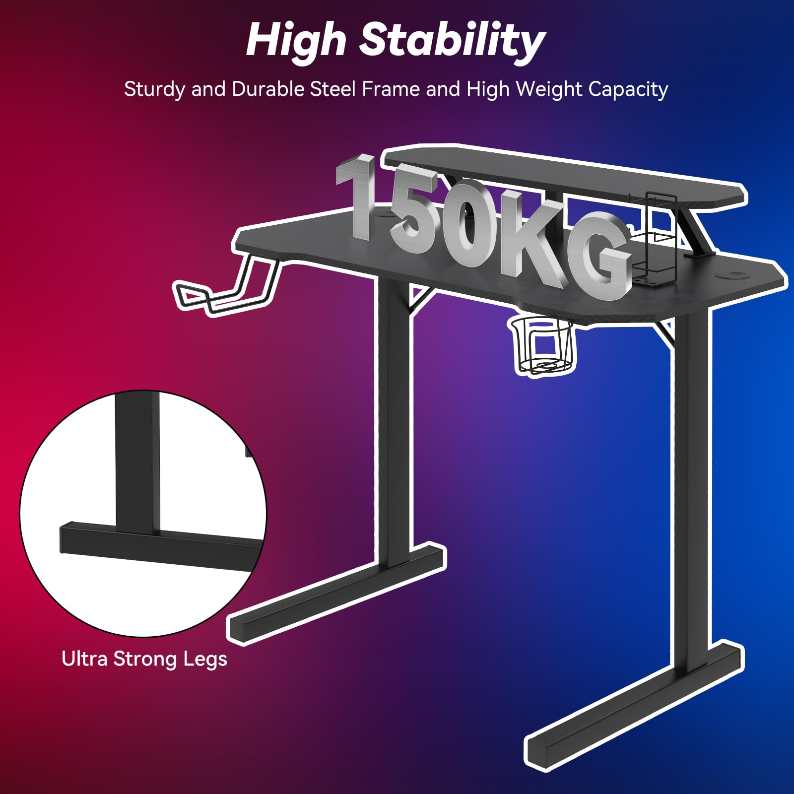 Mesa de Juegos con Soporte para Monitor, Escritorio en Forma de T, Negro, ergonómico, Revestimiento de Fibra de Carbono, Mesa para Gamepad con Soporte para Bebidas, Soporte para Auriculares