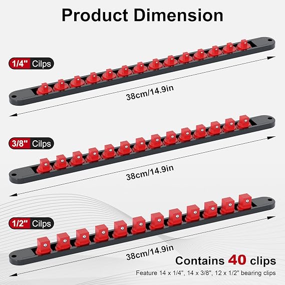 FivePears 3PCS 360 Socket Organizer Twist Lock,3/8 1/4 1/2 Socket Storage Rails, Premium Quality Socket Holders for Tool Box ,Tool Carts,Contains up to 40 Clips (Blue, Red and Black)