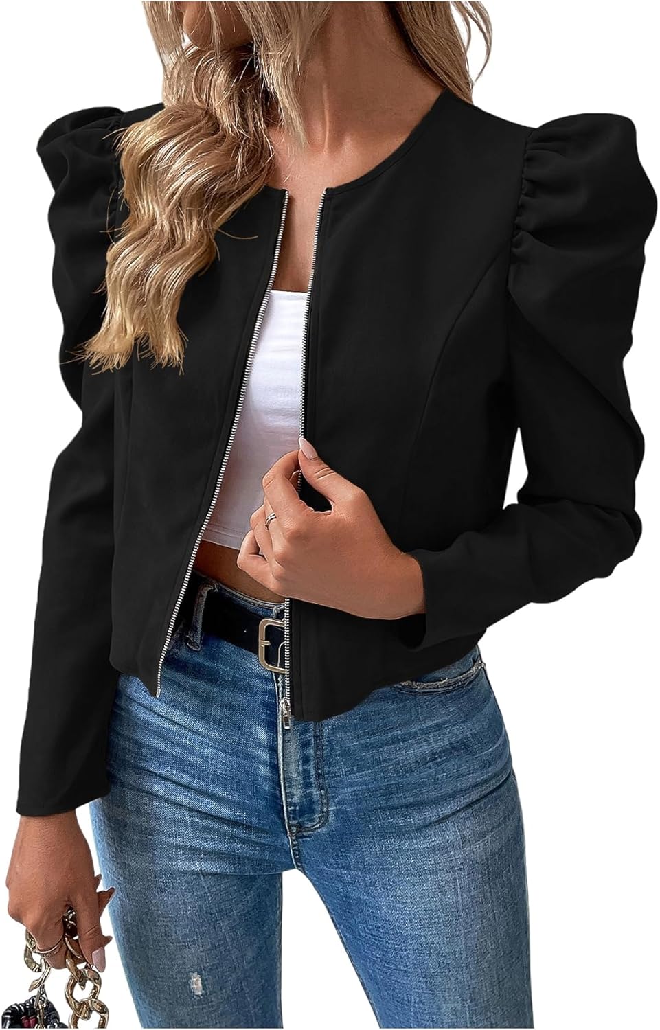 SOLY HUX Women's Zip Up Jacket Puff Long Sleeve Cropped Jacket Casual Outerwear
