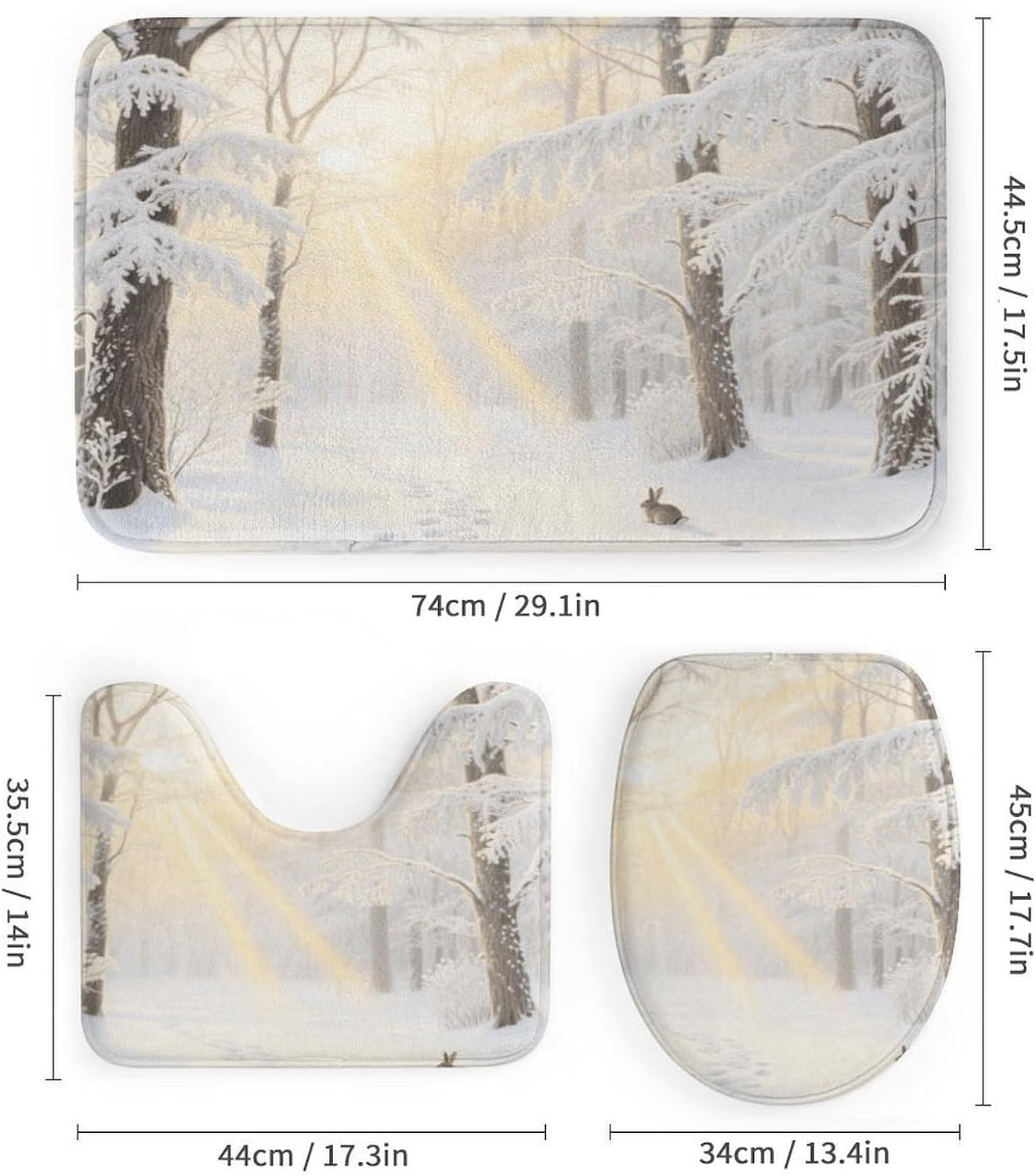 Forest Rime Bath Rug Set 4 Piece,Bathroom Accessories Set-Toilet Rugs U Shaped,Toilet Lid Cover,Shower Curtain and Rugs,Ultra Soft, Absorbent,Home Decor
