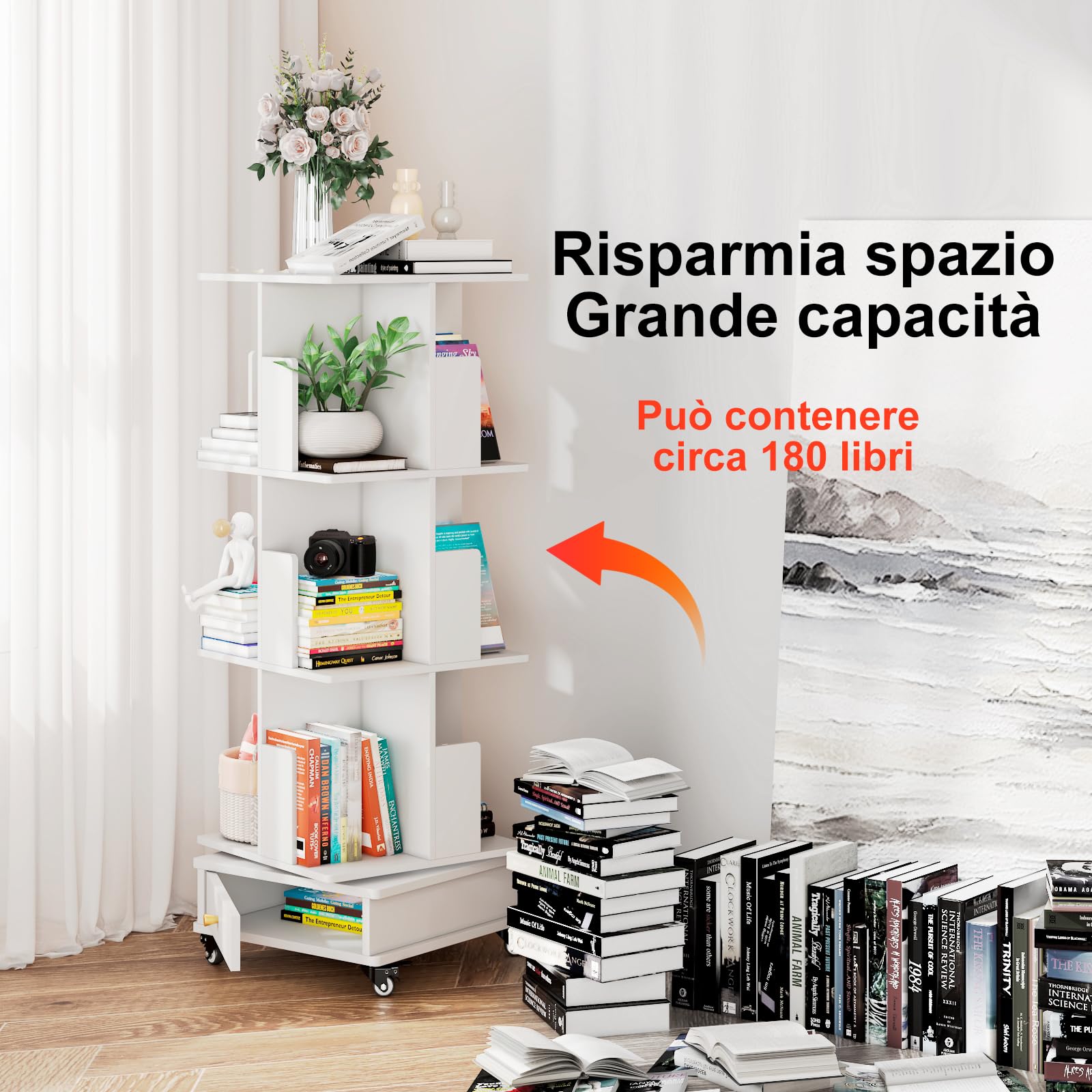 Libreria Girevole a 3 Livelli, Libreria Girevole 360 Gradi con 1 Cassetto e 4 Rotelle, Scaffale Girevole con Illuminazione a LED, Organizer per Soggiorno Studio Ufficio Libri, Bianco