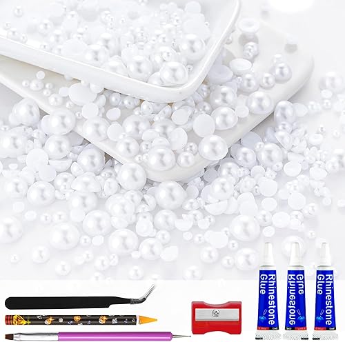 Miniatura 61 de 60g de perlas blancas de parte trasera plana con diamantes de imitación para manualidades, tamaño mixto de 3mm-10mm, color AB, redondas, mitad