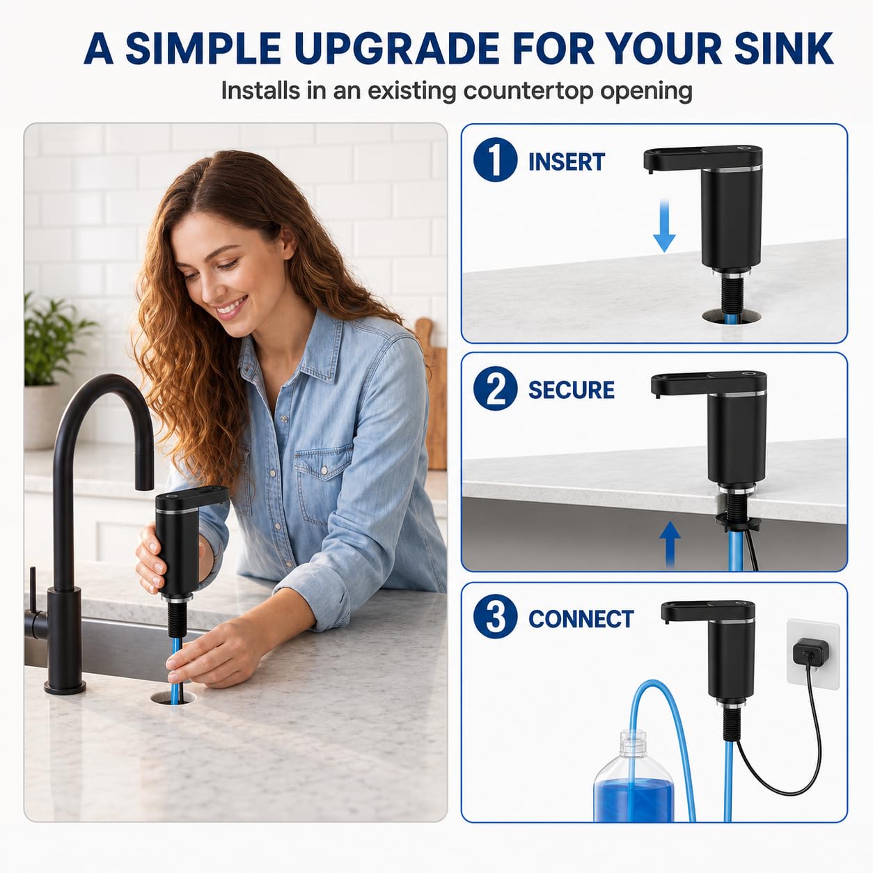 APEKX Dispenser automatico di sapone per piatti senza tocco: pompa elettrica per lavandino, a prova di perdite, universale, tubo da 89 cm, facile da installare, design elegante per cucina e bagno