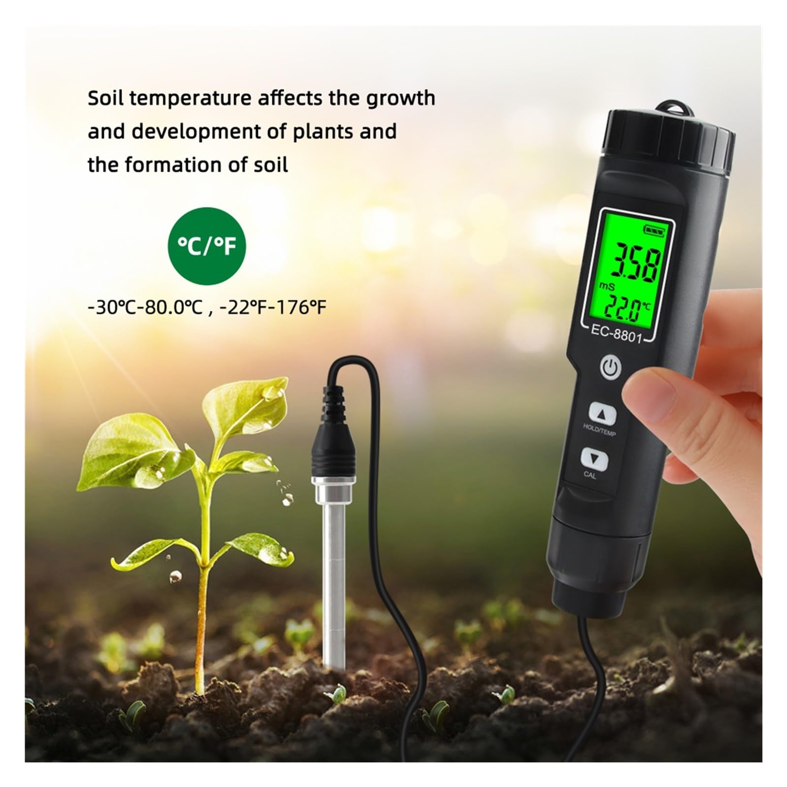 Probador de suelo Digital EC/Temp 0,00~10,00 mS/cm medidor de conductividad Sensor analizador de tierra con ATC jardín de plantación al aire libre,Rápido y preciso(EC-8801B)