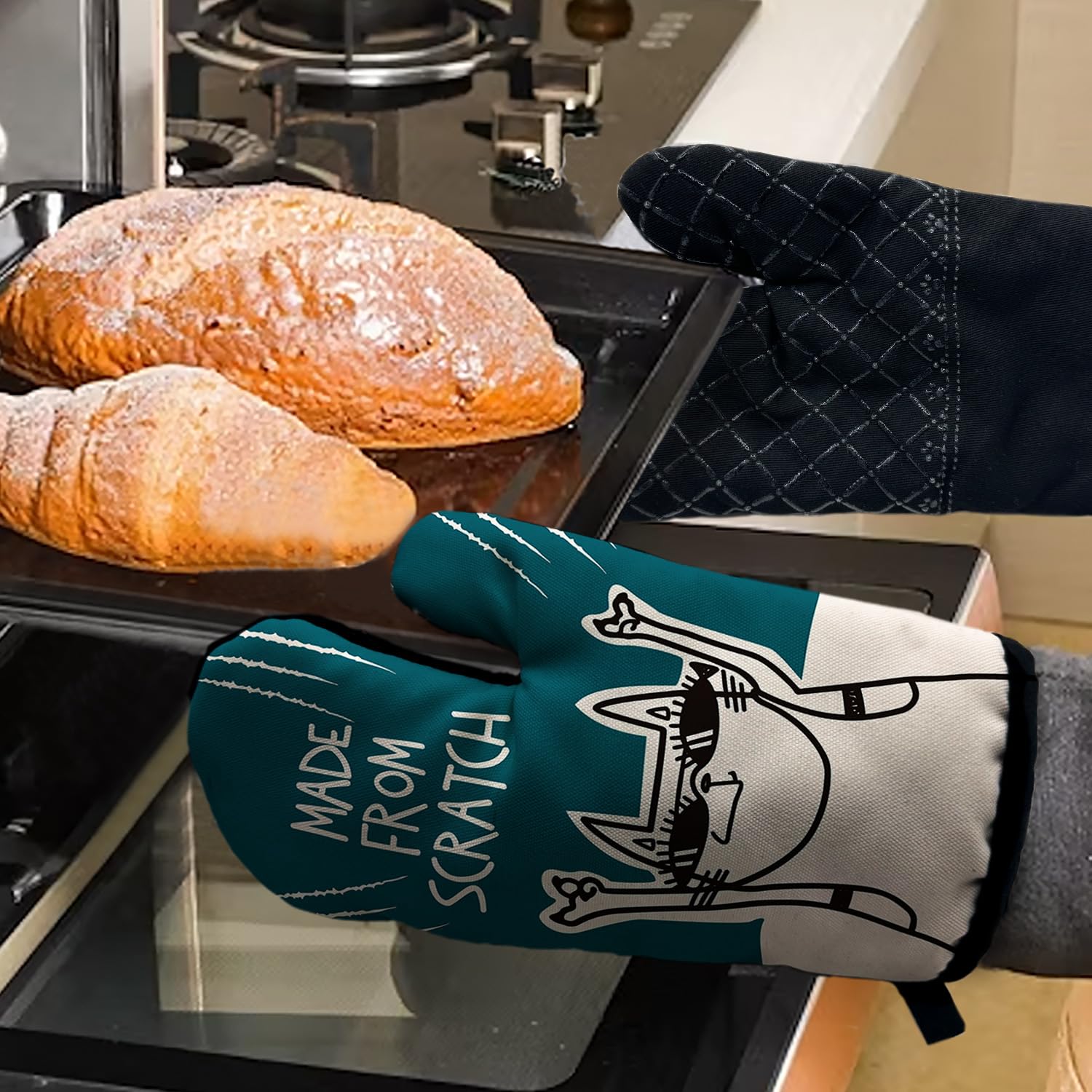 Zabawne zielone rękawice kuchenne z pętelką do zawieszania i silikonowym antypoślizgowym, miłośnikiem kotów, gotowanie, pieczenie, przybory kuchenne, 2-częściowy zestaw, prezenty dla miłośnika