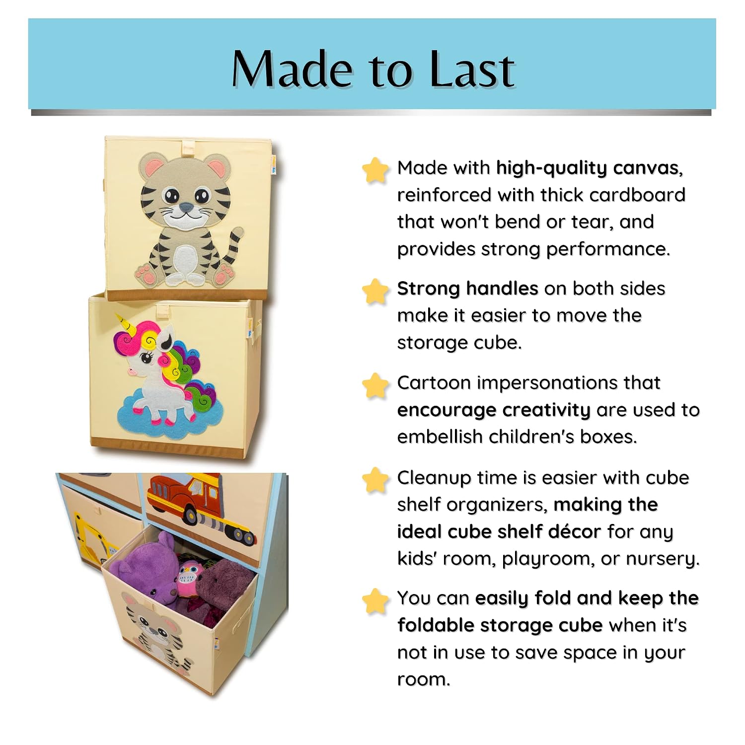 Washable Toy Organizers and Storage, Canvas Toy Chest Organizer Foldable Kids Toy Storage Organizers for Child's Bedroom or Playroom -13x13x13 Inch (Tiger Cub)