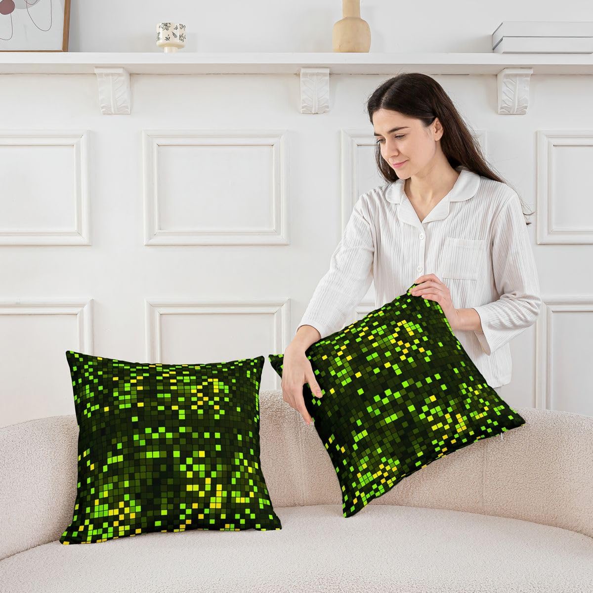 Feelyou Neon Green 8-bit Pixel Throw Pillow Covers Set of 2 Gaming Cushion Covers Retro Pixel Pillow Case for Couch Sofa Gamer Room Decor Cushion Case Kids Boys Girls Bedroom Decor 18 x 18-Inch image 4
