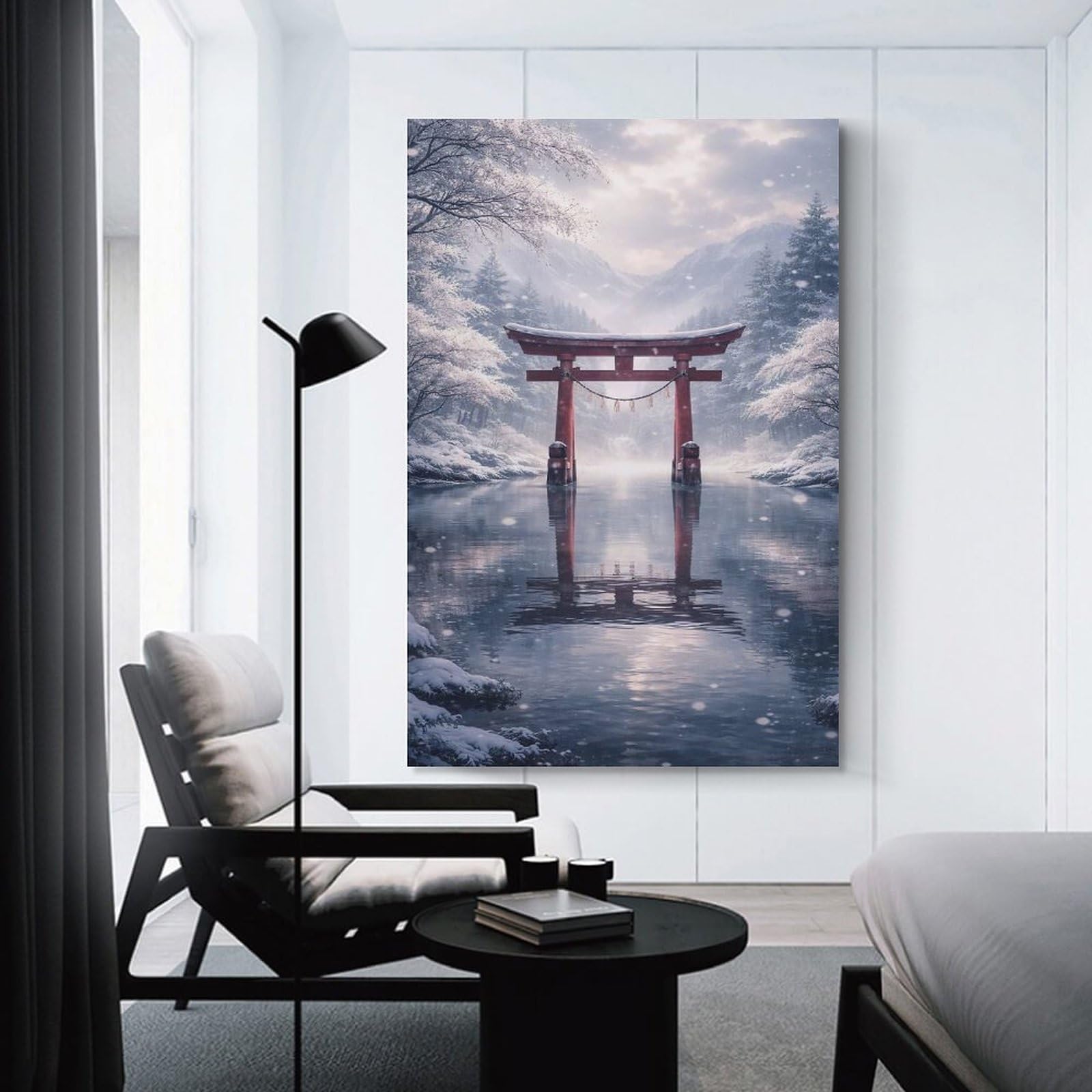 Junmoney Winter Torii Gate Reflection Wall Picture Print 24x36inch(60x90cm), for Calm Bedrooms, Home Corners Or Flats, Home Artwork with A Soft Interior Feel