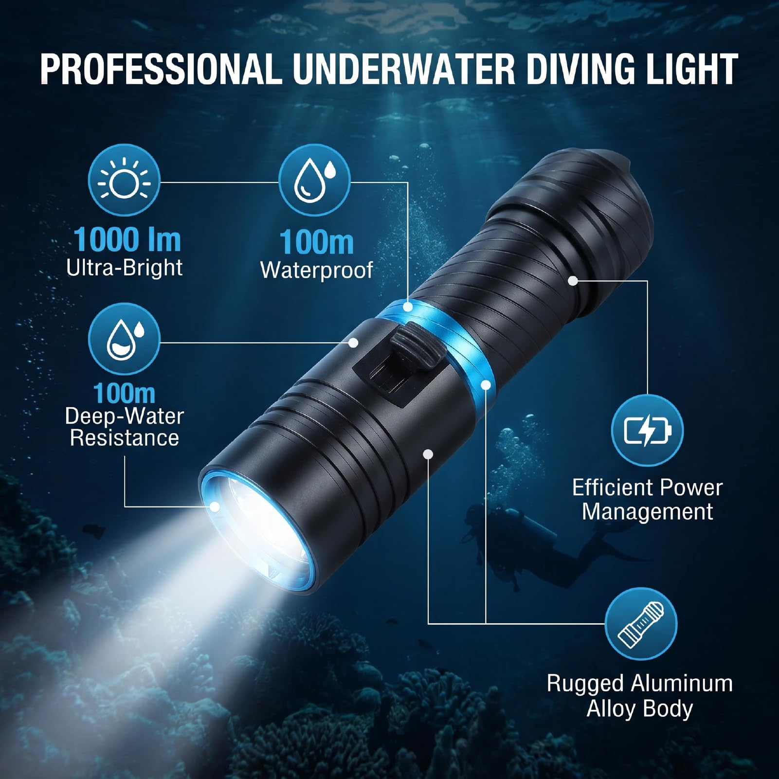 Torcia Subacquea Professionale, Luce Subacquea Ricaricabile Super Luminosa da 1000 Lm, Impermeabile Fino a 100 Metri per Immersioni Notturne e Snorkeling