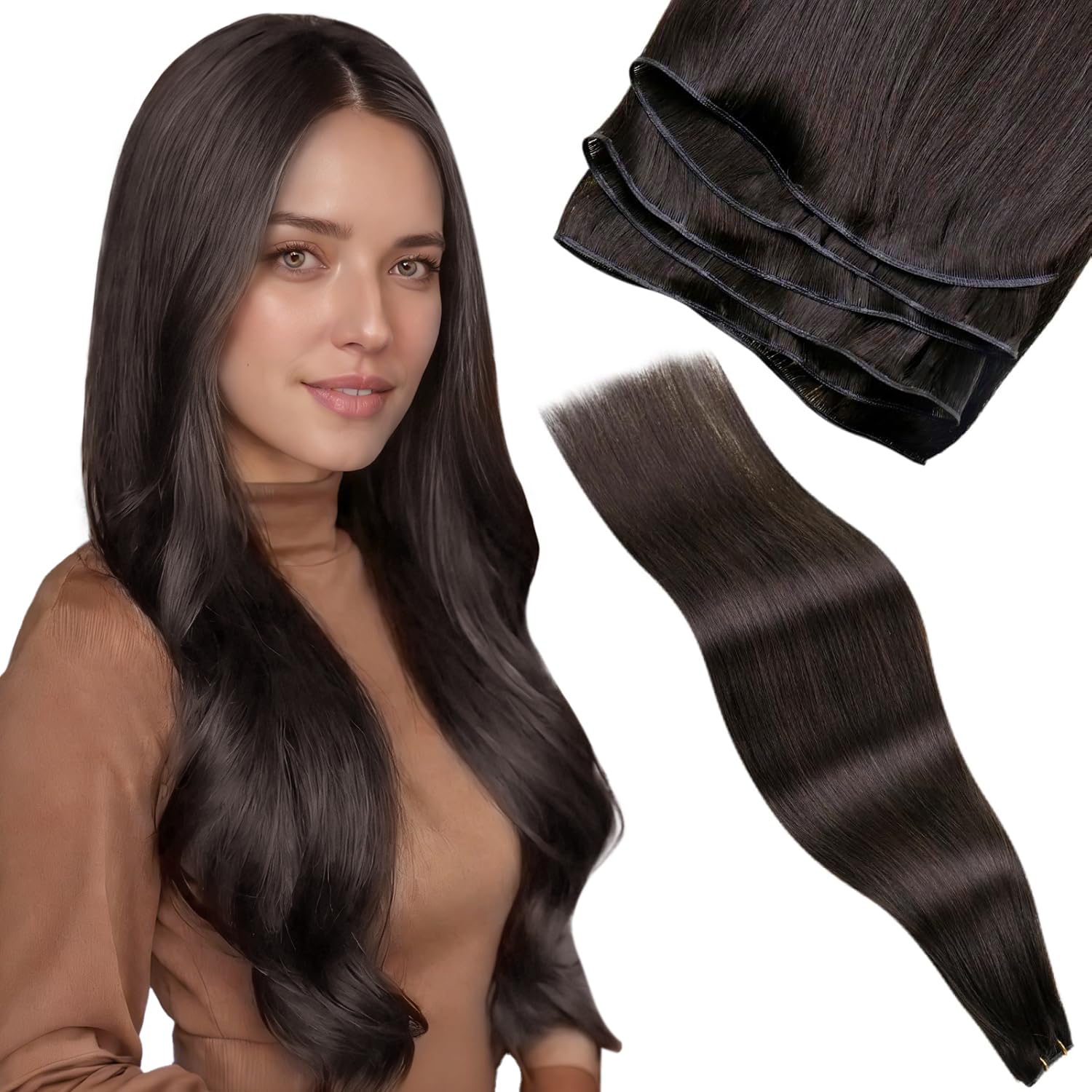 LaaVoo Genius Weft Hair Extensions Human Hair Dark Brown Hand Tied Weft Hair Extensions Long Straight Hair 80g 22 Inch
