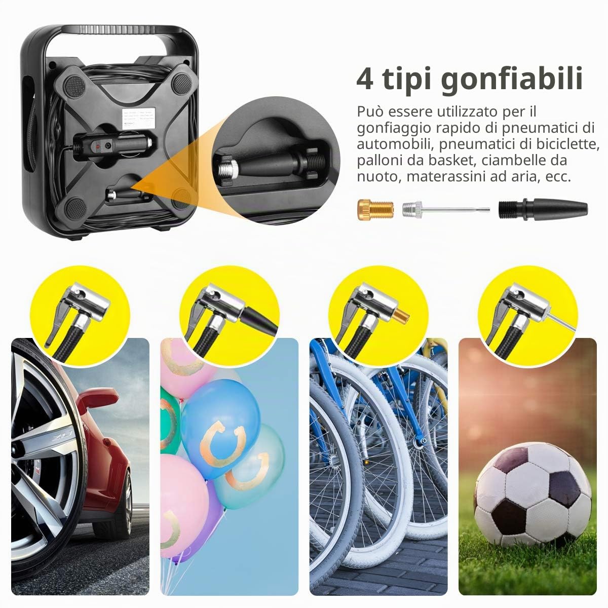 WindGallop Compressore Aria Portatile Auto Mini Compressore Portatile a Gonfiatore Elettrico Portatile Pompa Aria con Manometro per Pneumatici Luce a LED e Adattatori per Valvole