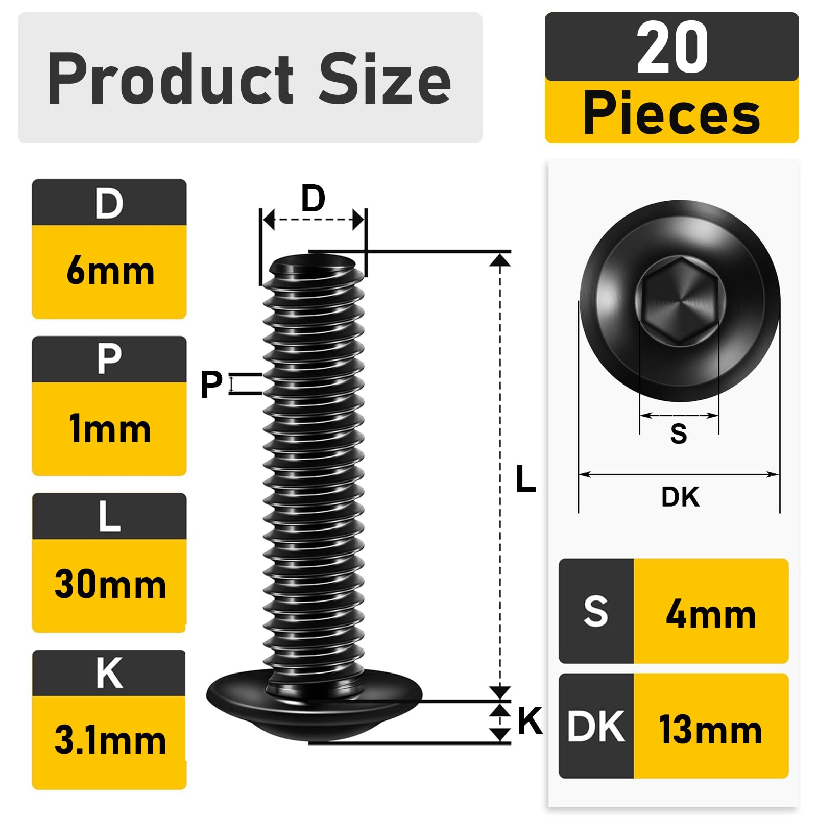 Valorada M6 Bolts, M6 x 30mm Flanged Button Head Screws Allen Socket Bolts Stainless Steel 304 Black Finish with Hex Spanner Pack of 20 - Image 2