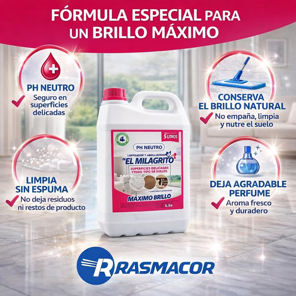 RASMACOR | Pack 3 unidades (15 litros) El Milagrito 5L Limpiador y Abrillantador de Suelos | pH Neutro | Ideal para Mármol, Parquet y Superficies Delicadas | Sin Residuos, Brillo Natural