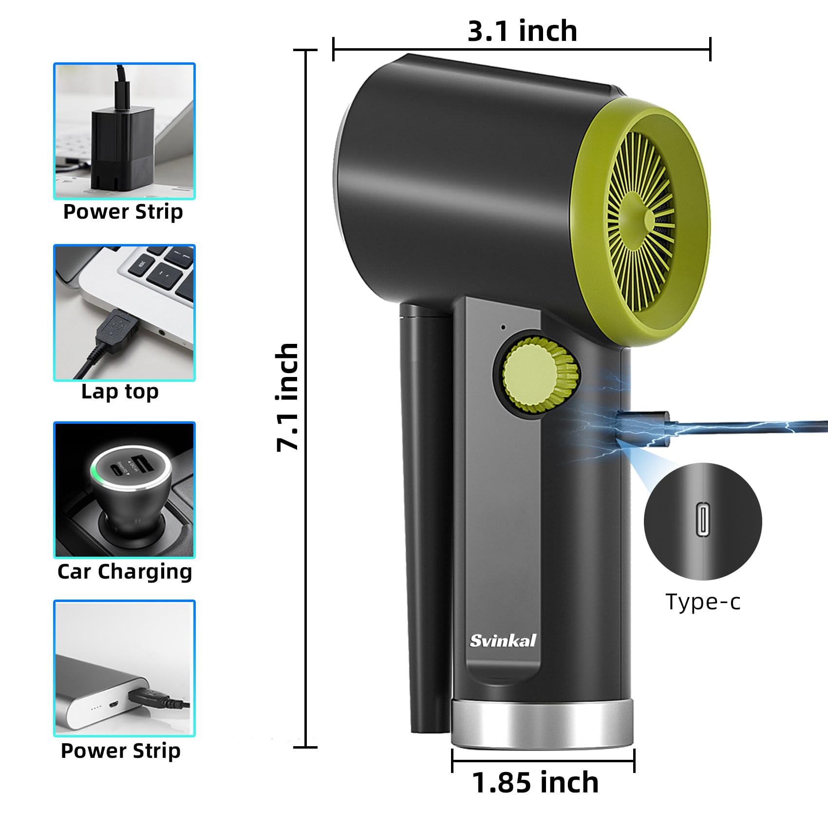 Svinkal Spolverino ad aria compressa, 16000-41000 giri/min, velocità continua, max 77,7 g, 6600 mAh, tipo C, motore brushless, con custodia e kit di pulizia, ventilatore ad aria per la pulizia delle