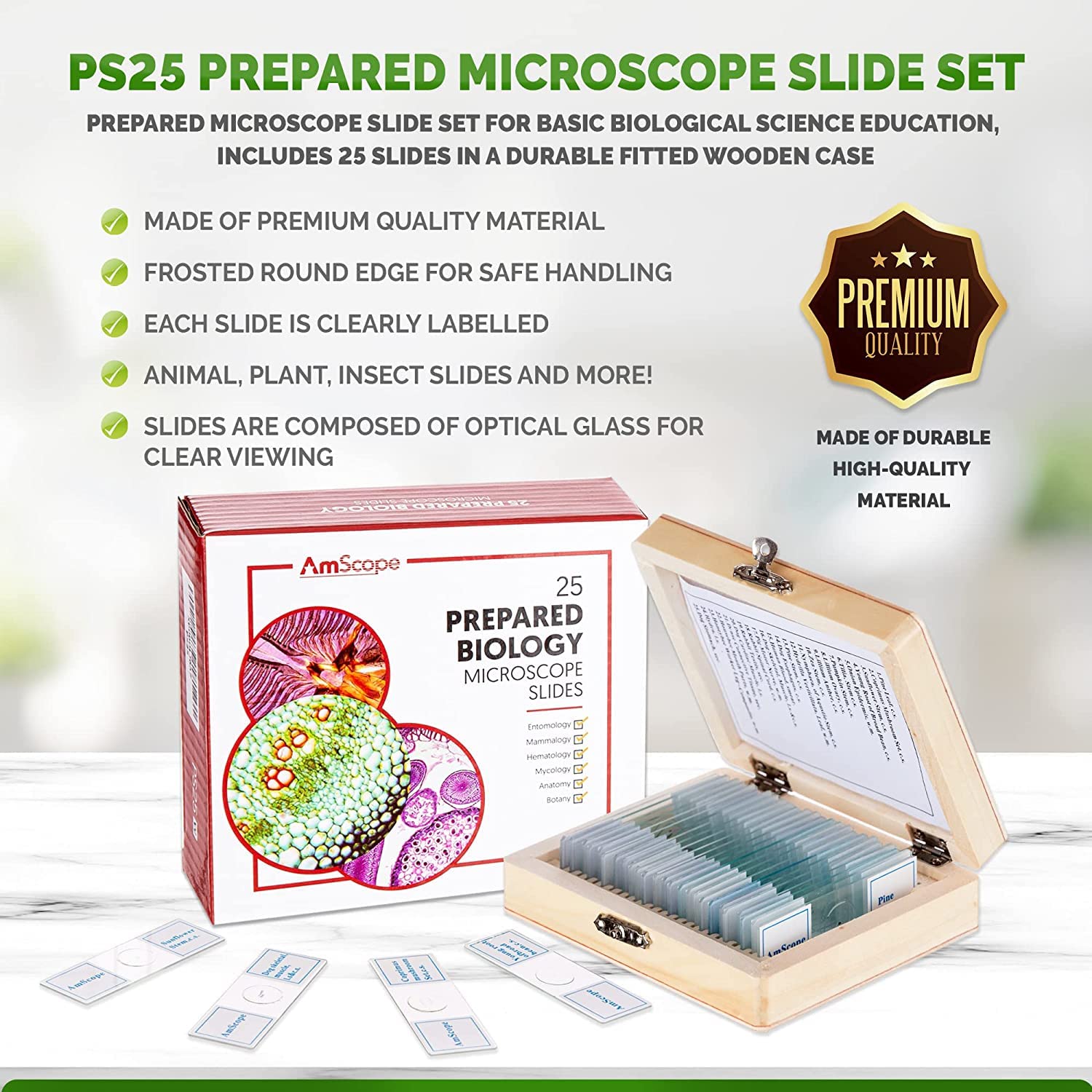 AmScope - 25pc Prepared Glass Microscope Slides in Wood Storage Case - Plant, Fungus, Insect and Mammal Specimens