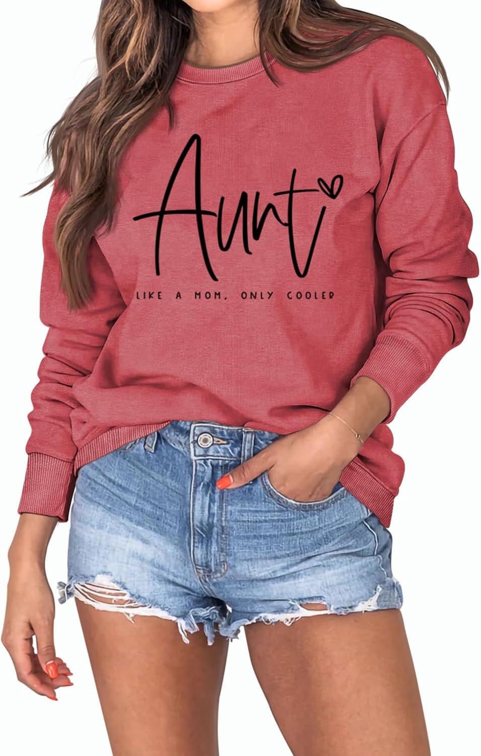 MEKOTSK Aunt Like a Mom Only Cooler Sweatshirt Women Funny Graphic Shirts Long Sleeve Comfy Pullover Tops Auntie Gifts