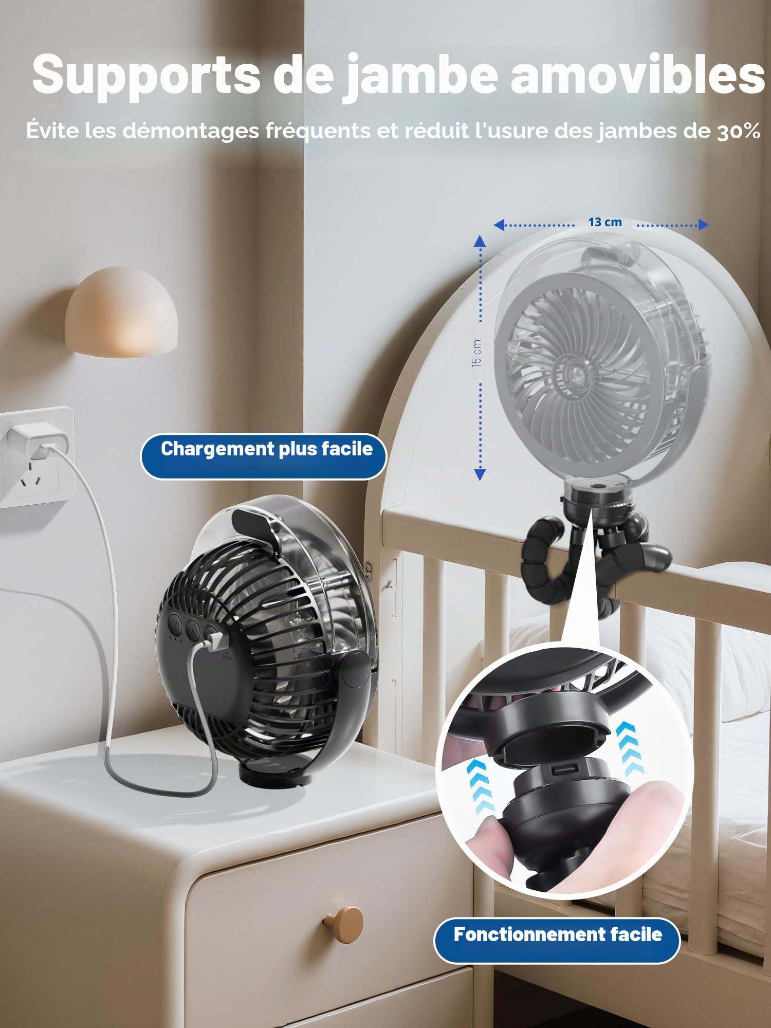 Ventilateur brumisateur pour poussette, 6000 mAh, batterie, portable avec lumière et pivot 360°, trépied flexible pour bébé, bureau, voyage, tapis