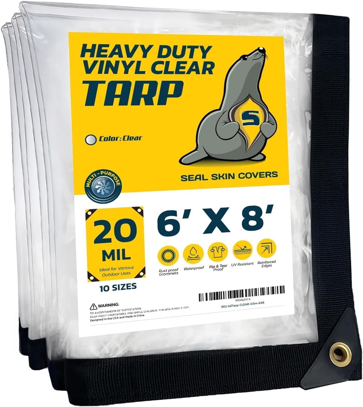 Seal Skin Covers Waterproof Clear Tarp 6x8 FT, 20 Mil 18 OZ 560 GSM Heavy Duty Transparent Vinyl Tarpaulin with Grommets