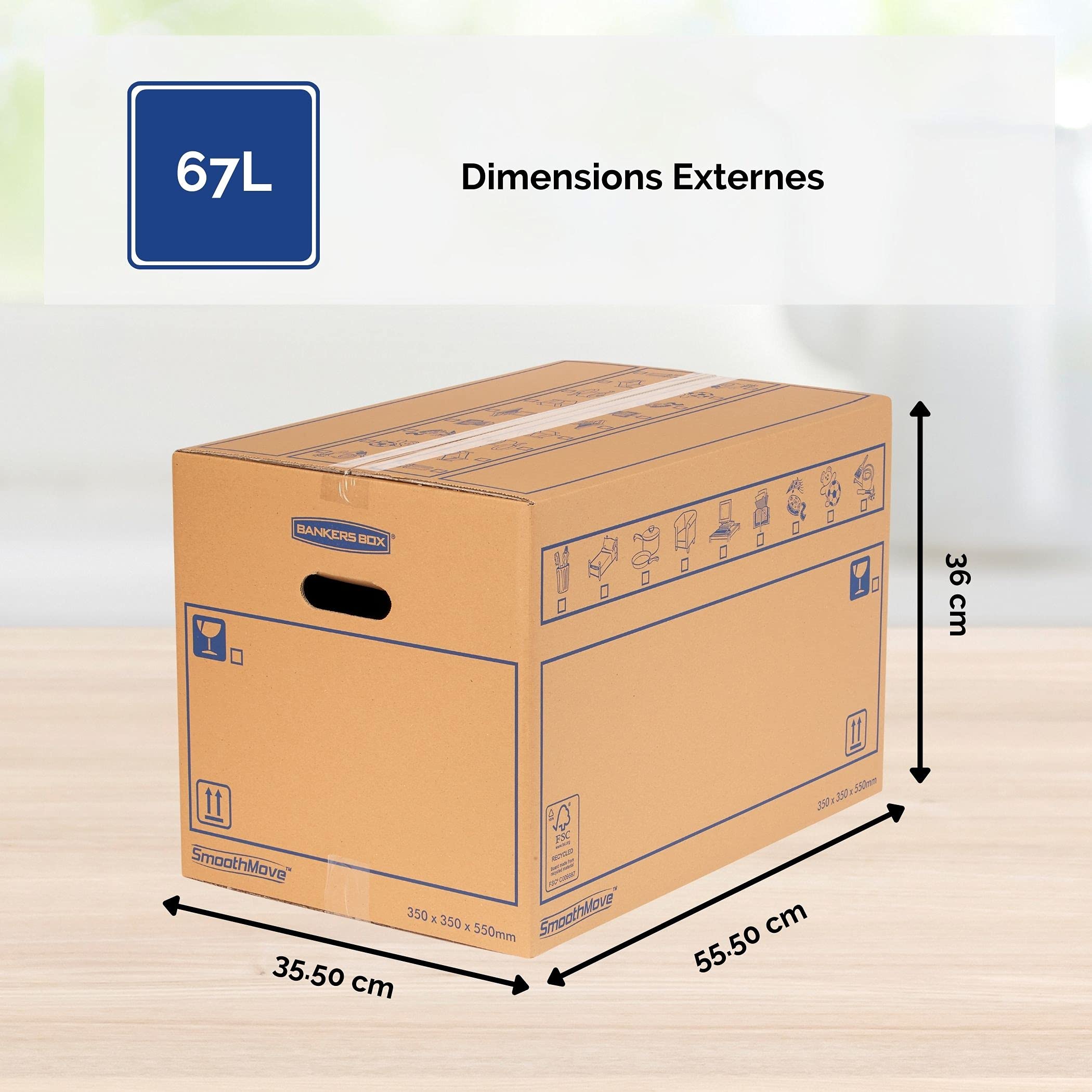 Fellowes SmoothMove Caisses de Déménagement en Carton Double Epaisseur avec Poignées - 67 Litres, très résistants, jusqu'à 4 cartons empilés, 35 x 35 x 55 cm (Lot de 10), 6207301