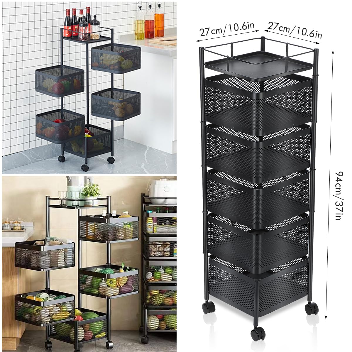 Gemüseregal Küchenwagen Universall multifunktionales Regal Küchen rollwagen Obstkorb Aufbewahrungsbehälter Obstwagen mit Rollen Küchenregal Organizer für Küche, Badezimmer und Büro Schwarz 5 Fächer