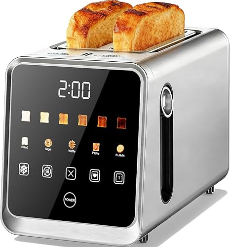 Tostadora inteligente de 2 rebanadas, pantalla táctil digital con función de memoria, ranuras extra anchas de 1.5 pulgadas, 5 tipos de pan y 6
