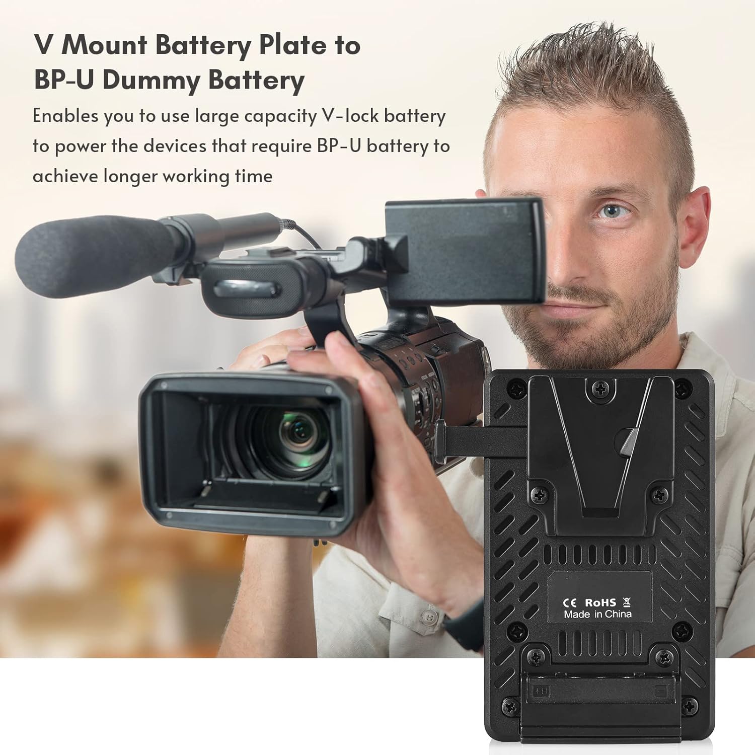 Andoer V-Lock V Mount Battery Plate to BP-U Dummy Battery Adapter in use with a camcorder