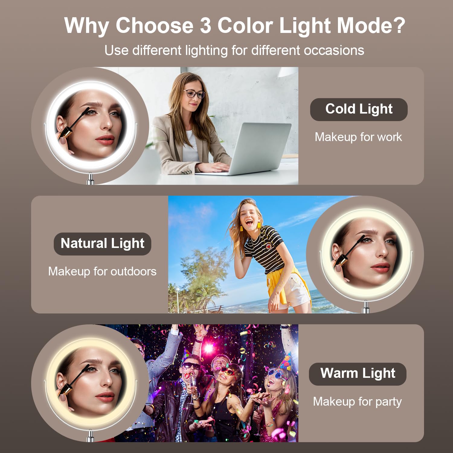 21,6 cm Make-up-Spiegel mit Lichtern, 1x/10-fach beleuchteter Vergrößerungsspiegel mit 3 LED-Beleuchtung, 3000 mAh wiederaufladbarer, doppelseitiger Kosmetikspiegel, höhenverstellbar und verstellbare