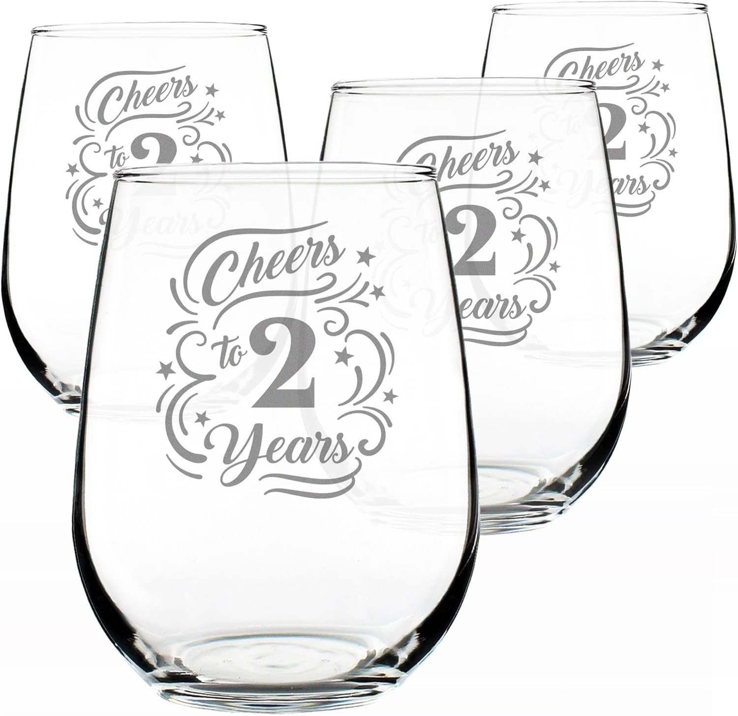 Bevvee Cheers to 2 Years - Stemless Wine Glass Gifts for Women & Men - 2nd Anniversary Party Decor - Set of 2 - Large 17 Oz Glasses