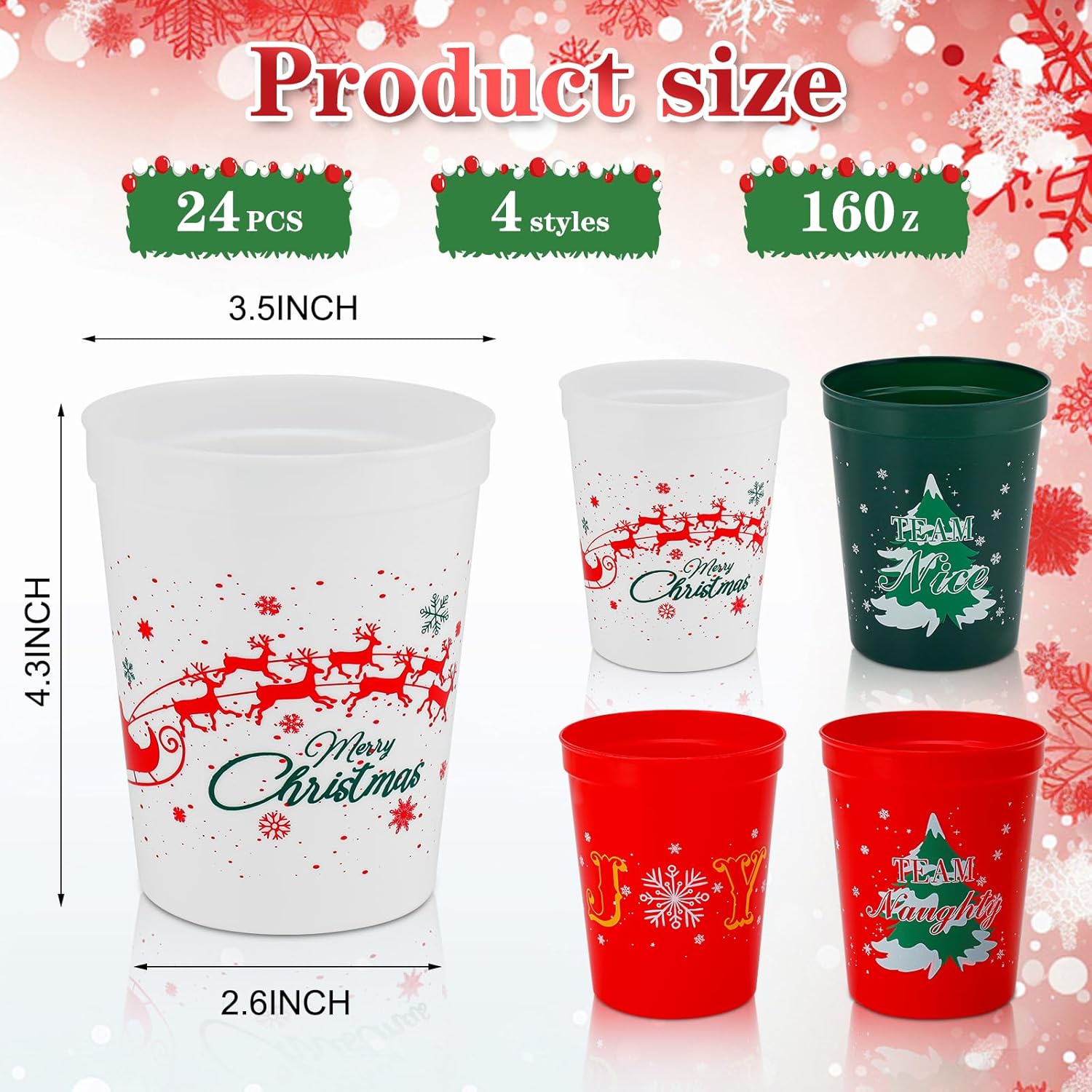 24 Pack Christmas Party Cups - 16oz Red, Green & White Stadium Cups with 24 Paper Straws, Festive Designs for Holiday Celebrations - Image 2