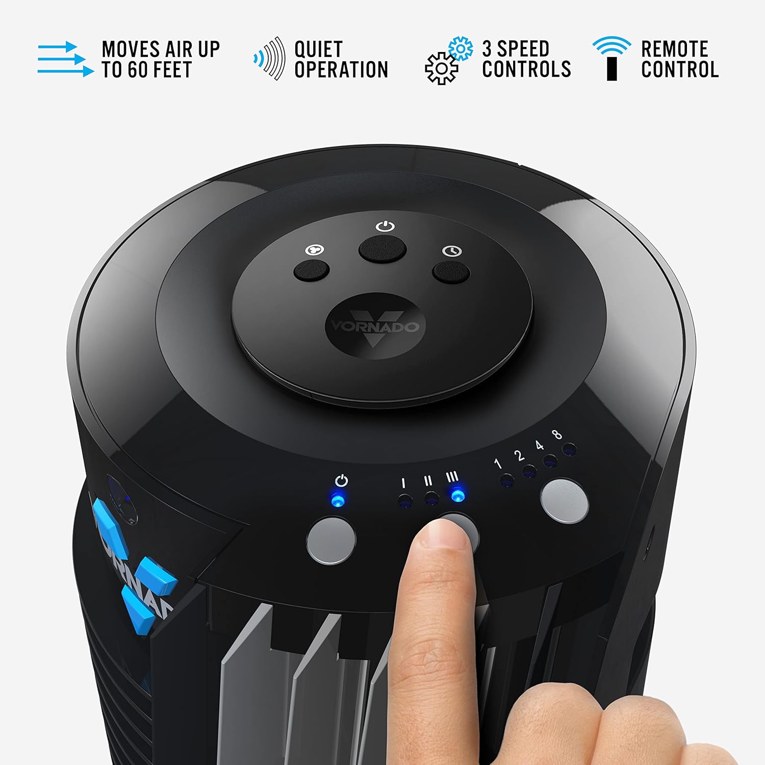 Vornado 143 Whole Room Air Circulator Tower Fan with Timer and Remote Control, 29, Black