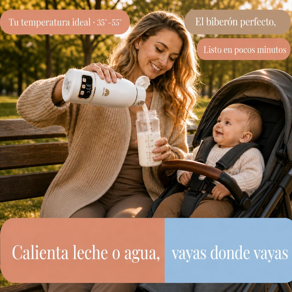 Calentador de Biberones Portátil Sin Cable 500ml, Agua y Leche Materna, Viaje/Coche/Noche, Cepillo Incluido, Diseño Dorado Premium Auto-Pasteurización