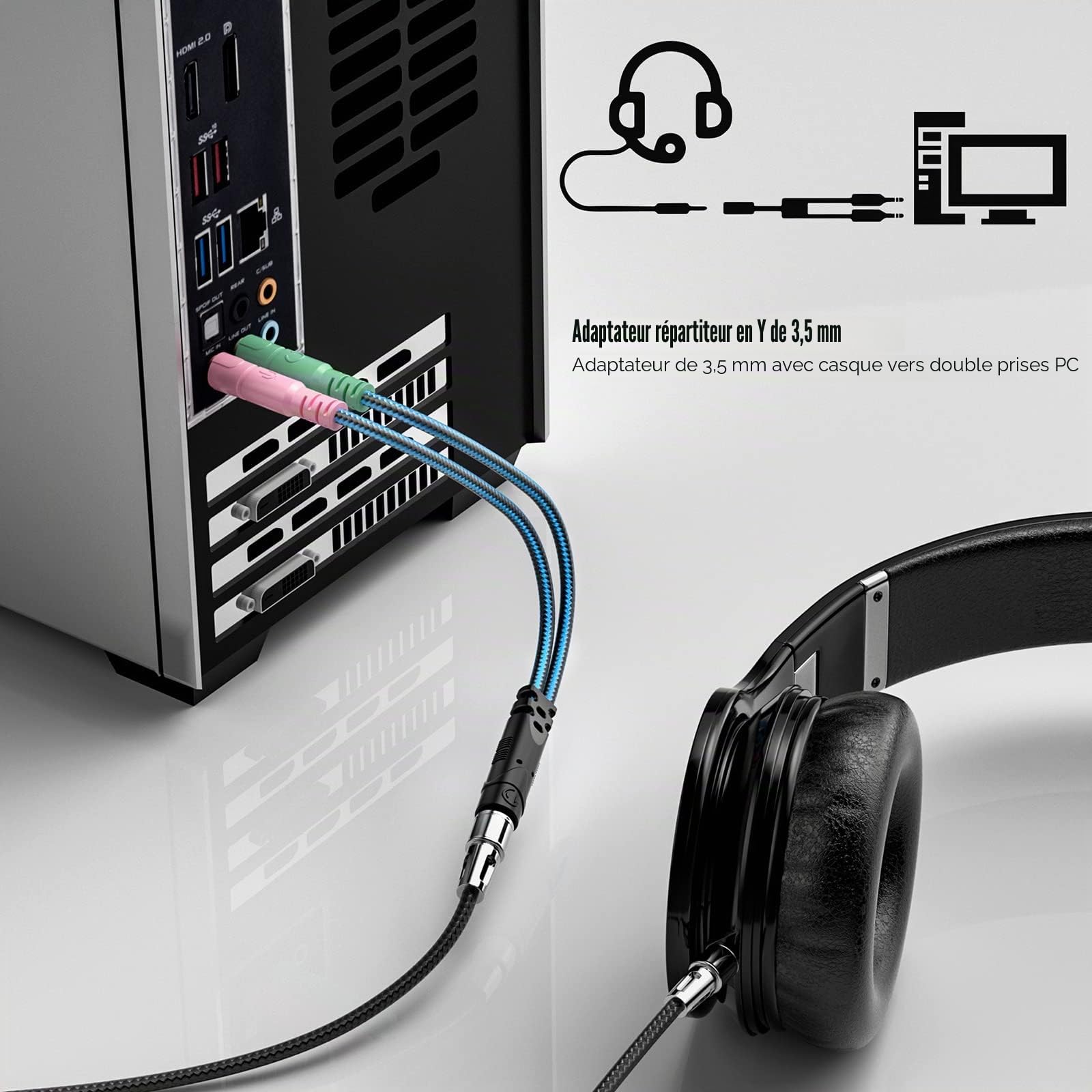 ENVEL Adaptateur Jack Micro Casque Audio Stéréo 3,5mm Splitter Femelle à 2 Double Mâle Câble Nylon tressé 22cm