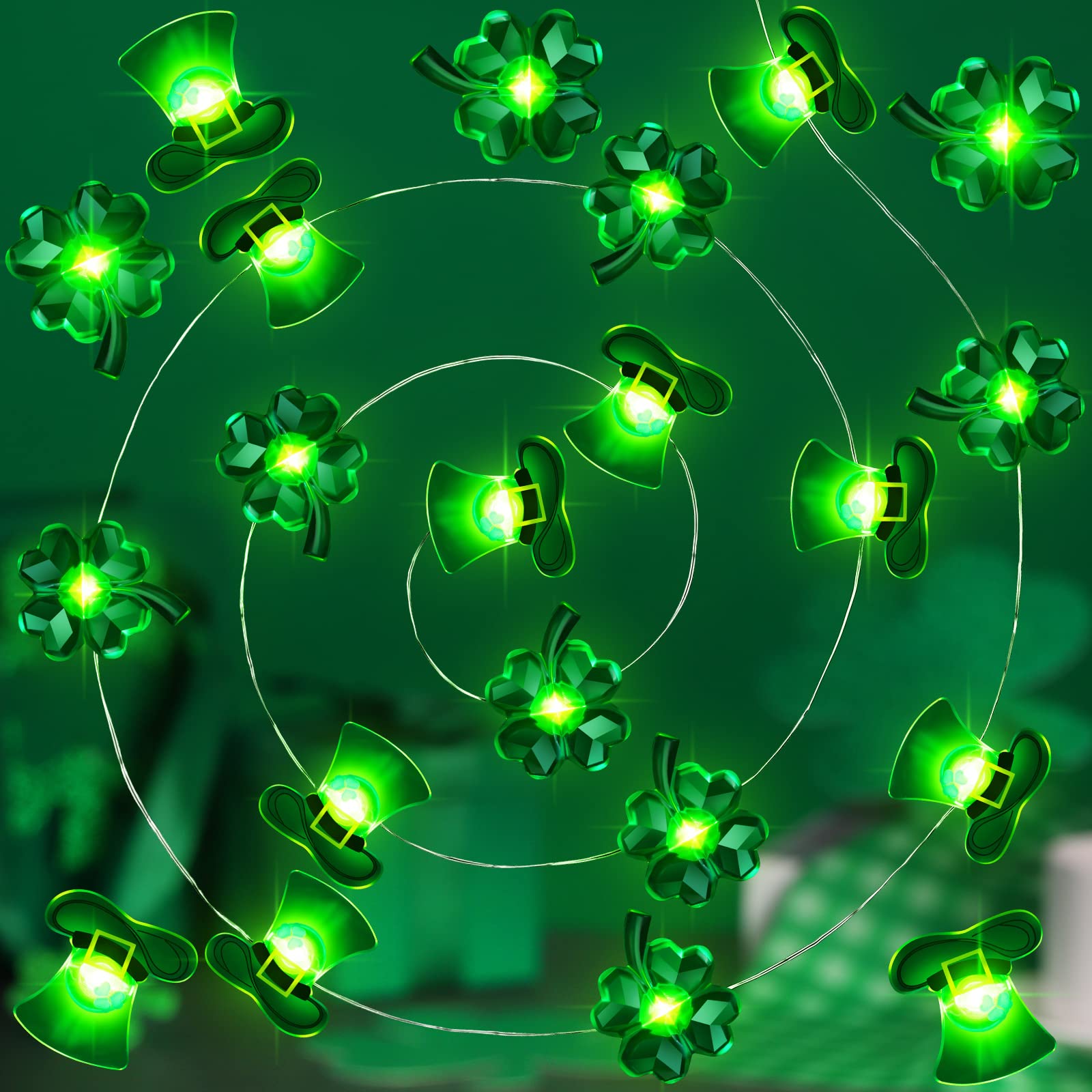 Zhanmai 2 Pcs St. Patrick's Day String Lights Decorations Shamrocks LED Lights 10Ft 30 LEDs Horseshoe Leprechaun Hat Irish Fairy Lights, Battery Operated for Green Irish Decor Bedroom Feast Party