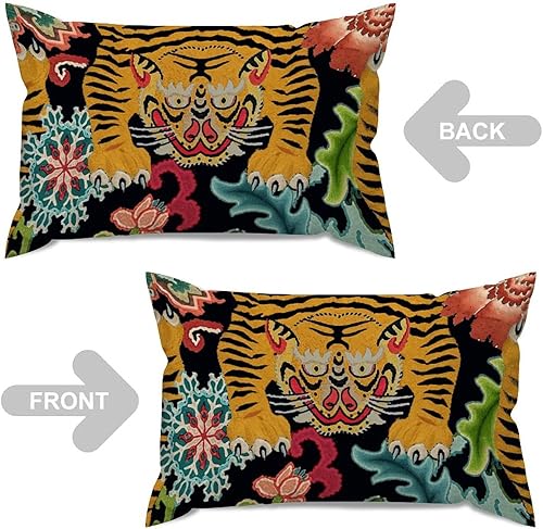 Miniatura 4 de ArogGeld Fundas de almohada lumbar con estampado de animales de flores coloridas, diseño de tigre, diseño de rayas de tigre, de lino blanco, funda