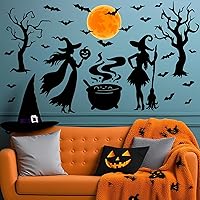 Vista 3 de Calcomanías de Halloween para ventana, calcomanías de brujas negras, calcomanías de pared de Halloween, murciélagos de árbol negro, murales de arte
