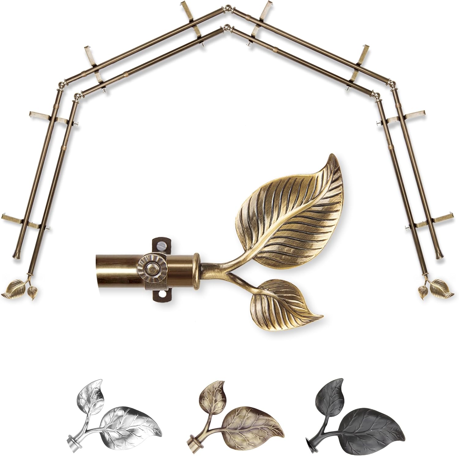 A&F Rod Décor - Leaf 13/16" 4-Sided Double Bay Window Curtain Rod - Antique Brass